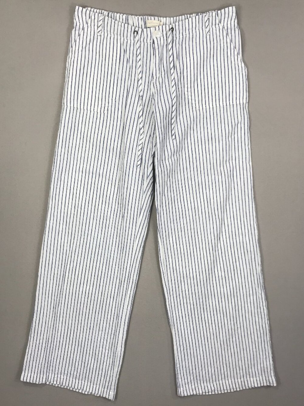 Just Living Pants Women's Large White Blue Striped Paperbag Button Zip Wide Leg